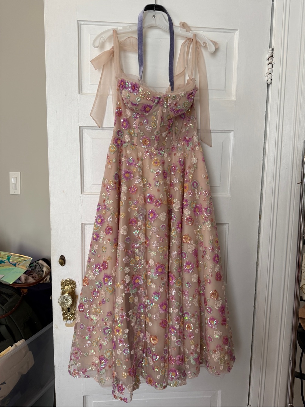 Teuta Matoshi Midi Tea Length Sequin Embellished Floral Gown Tie Straps Size 6